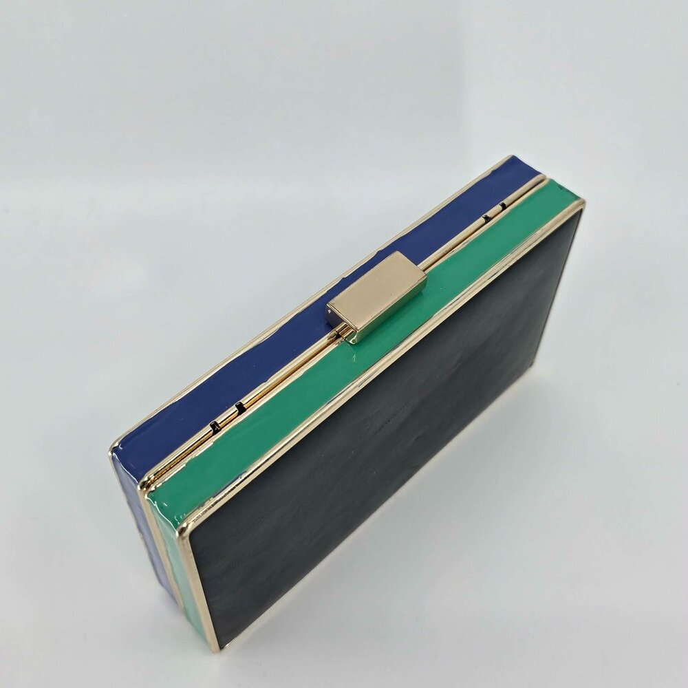 Zara Basic Colorblock Hard Shell Box Clutch Navy Green Black Gold Hardware